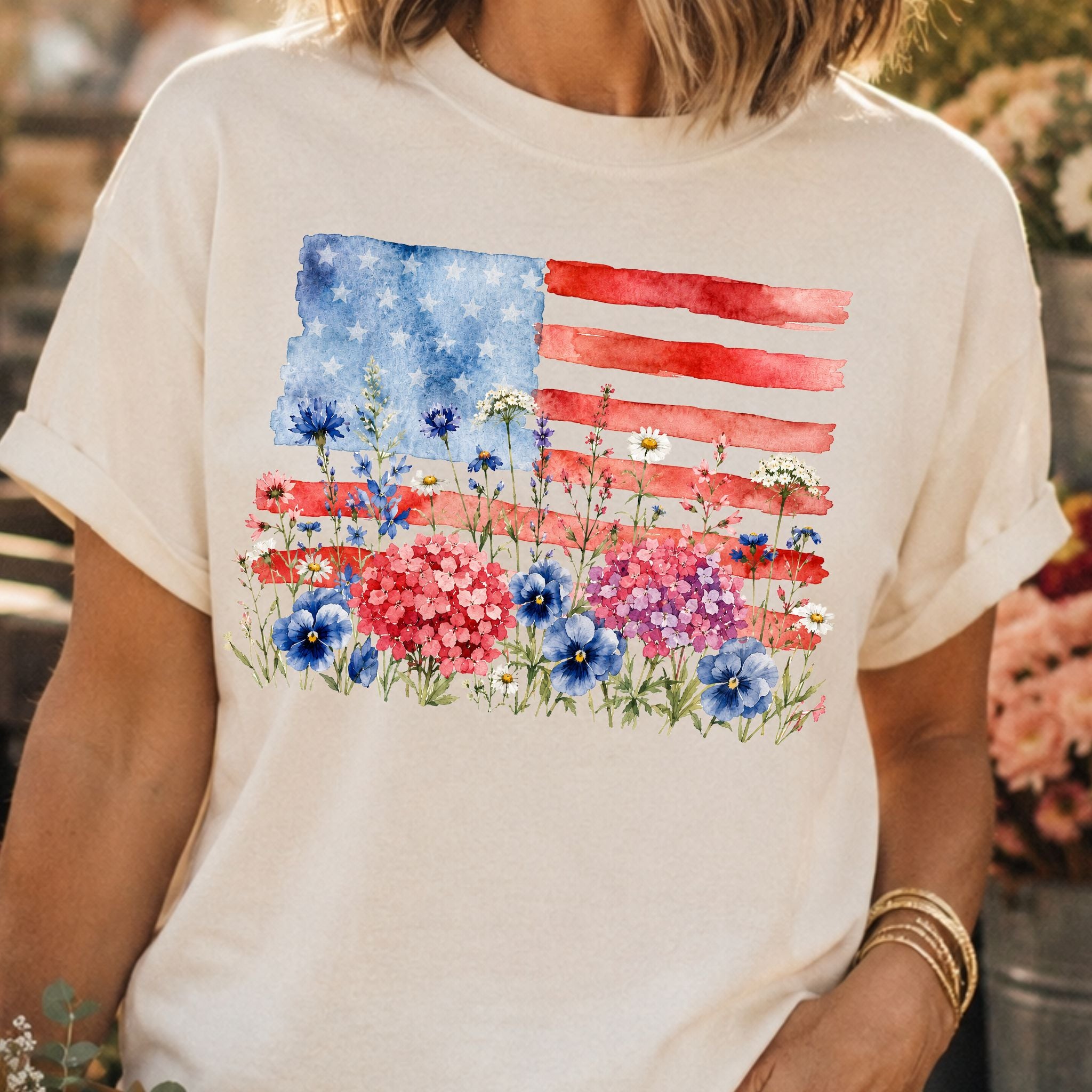 Patriotic Floral Flag Graphic Tee