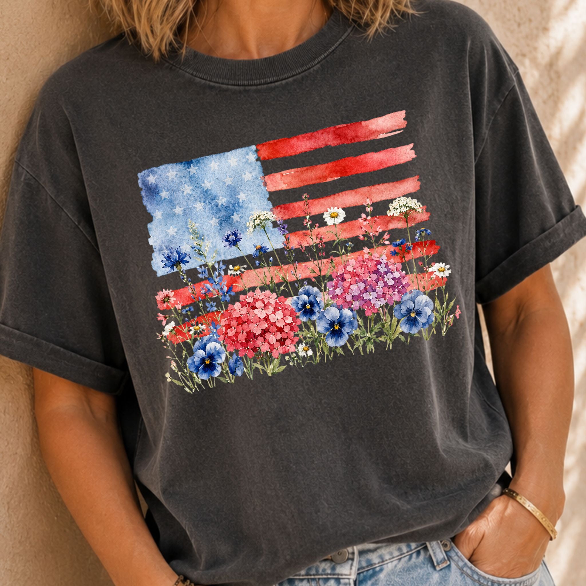Patriotic Floral Flag Graphic Tee