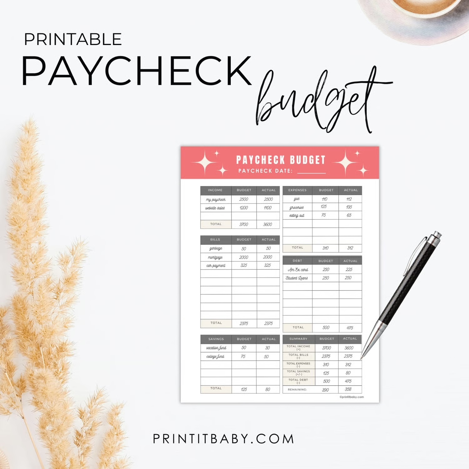 FREE Printable Paycheck Budget Planner